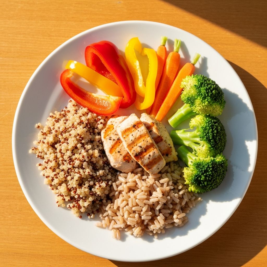 Balanced colorful meal on white plate