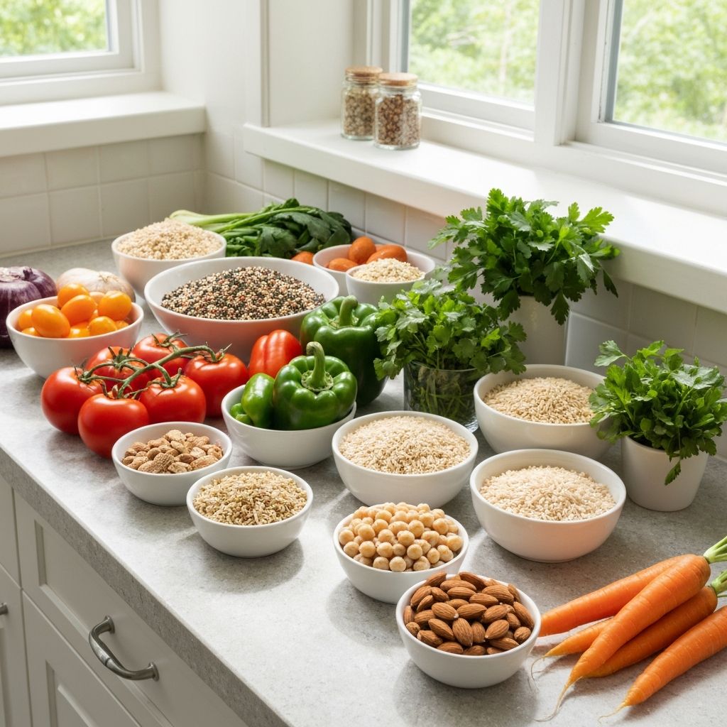 Assortment of nutritious foods including grains, legumes, and vegetables